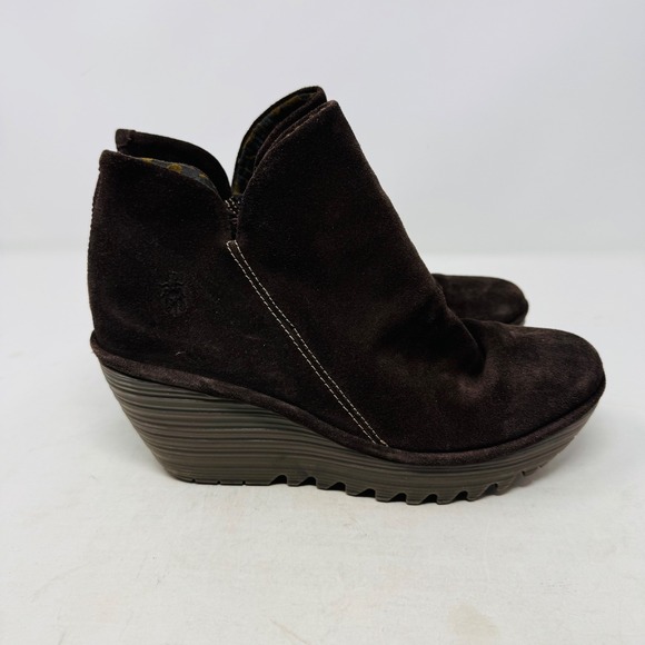 FLY LONDON Brown Suede Wedge Yip Oil Ankle Boots Women's Size 10 - Picture 4 of 11